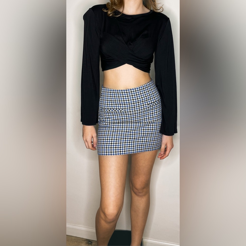 XS blue, black, and white checkered skirt from Zara.